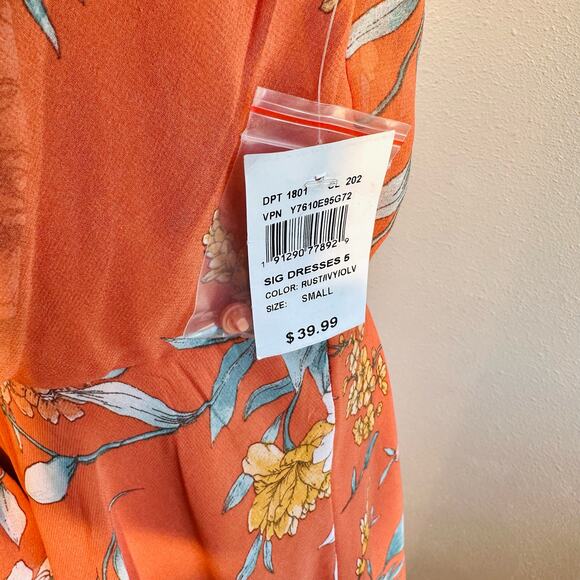 Signature Studio Sharkbite Hem Midi WMN Small Orange/White Floral  Dress Keyhole - Picture 6 of 9